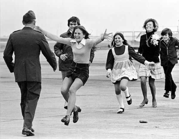 Released prisoner of war Lt. Col. Robert L. Stirm is greeted by his family at Travis Air Force Base in Fairfield, Calif., as he returns home from the Vietnam War, on March 17, 1973.